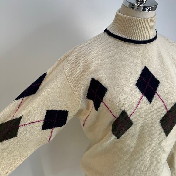 Vintage Liz Sport Wool Sweater Ivory Argyle Turtleneck - Picture 6 of 8